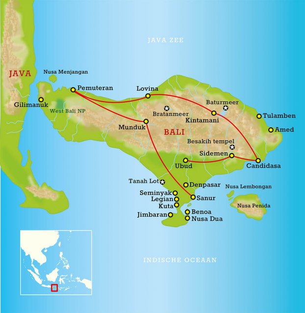 Routekaartje Bali Highlights 16 dagen